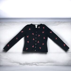 Carole Little Black Cotton Cardigan w/ Red Lobster Embroidery | Size S